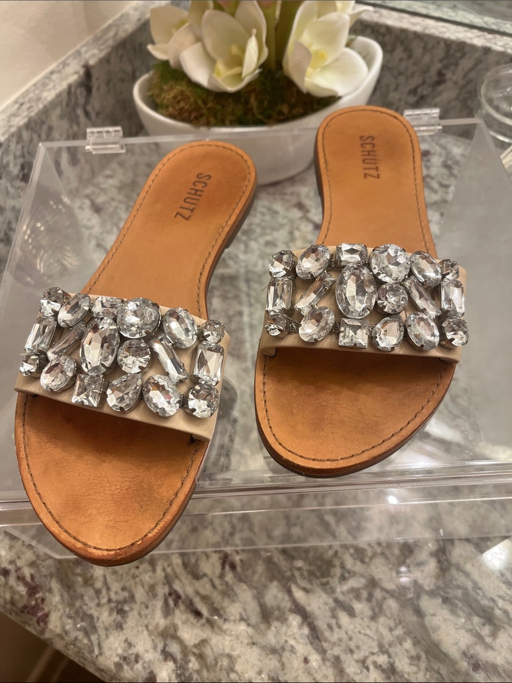 SCHUTZ Beige Jeweled Slide Sandals